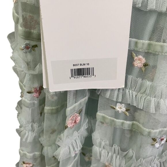 Mac Duggal Tiered Ruffle Cross-Back Smock-Waist Floral Embroidered Gown - Picture 9 of 12